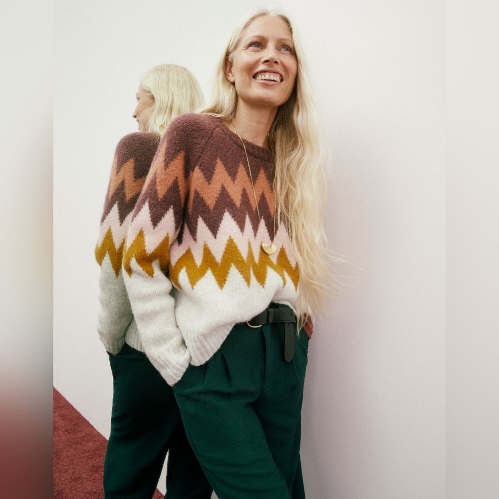 Madewell Brown Cream Wool-Alpaca Blend Delwood Fair Isle‎ Pullover Sweater XXS